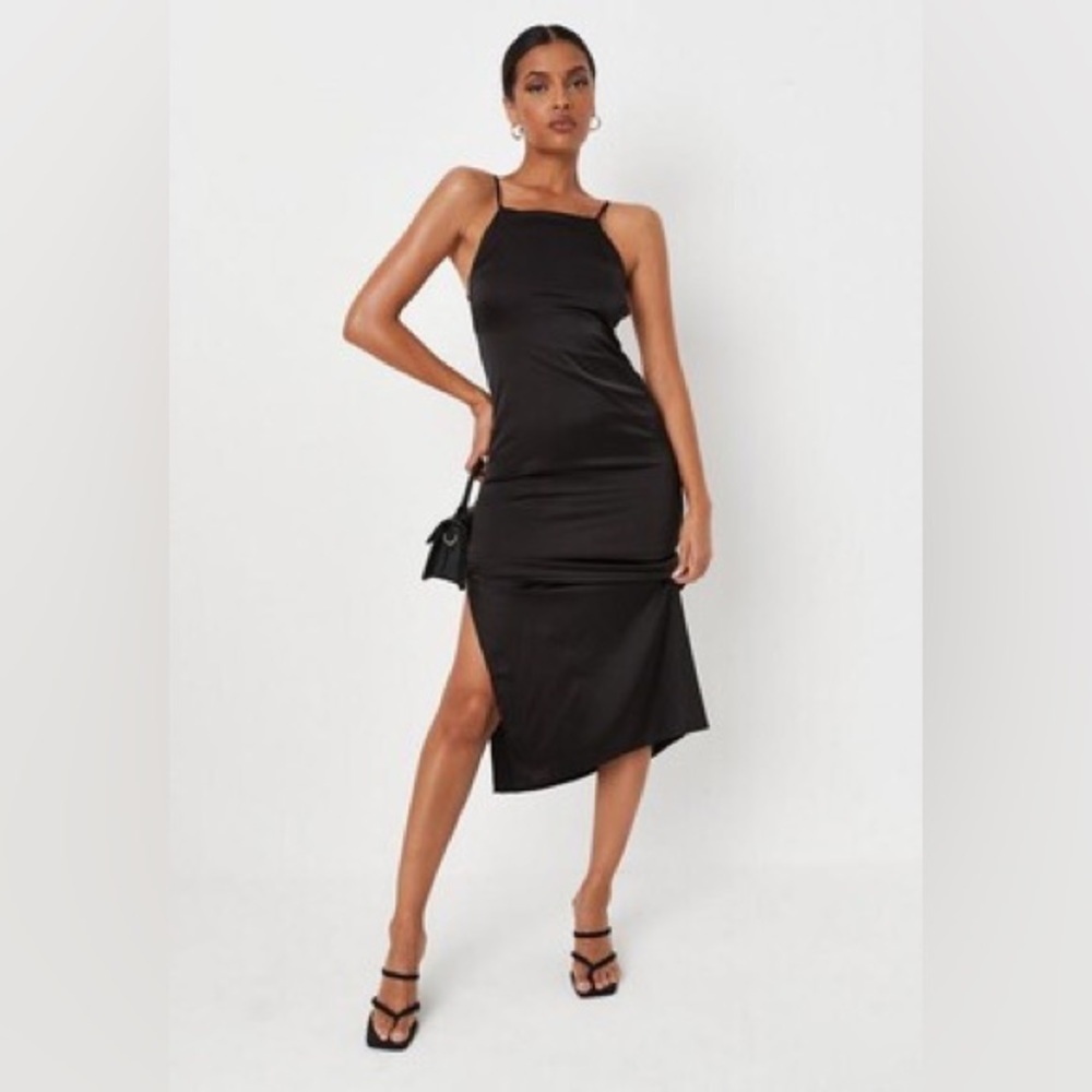 Missguided Womens Black Satin Cross Back Midi Slip Dress Size 8